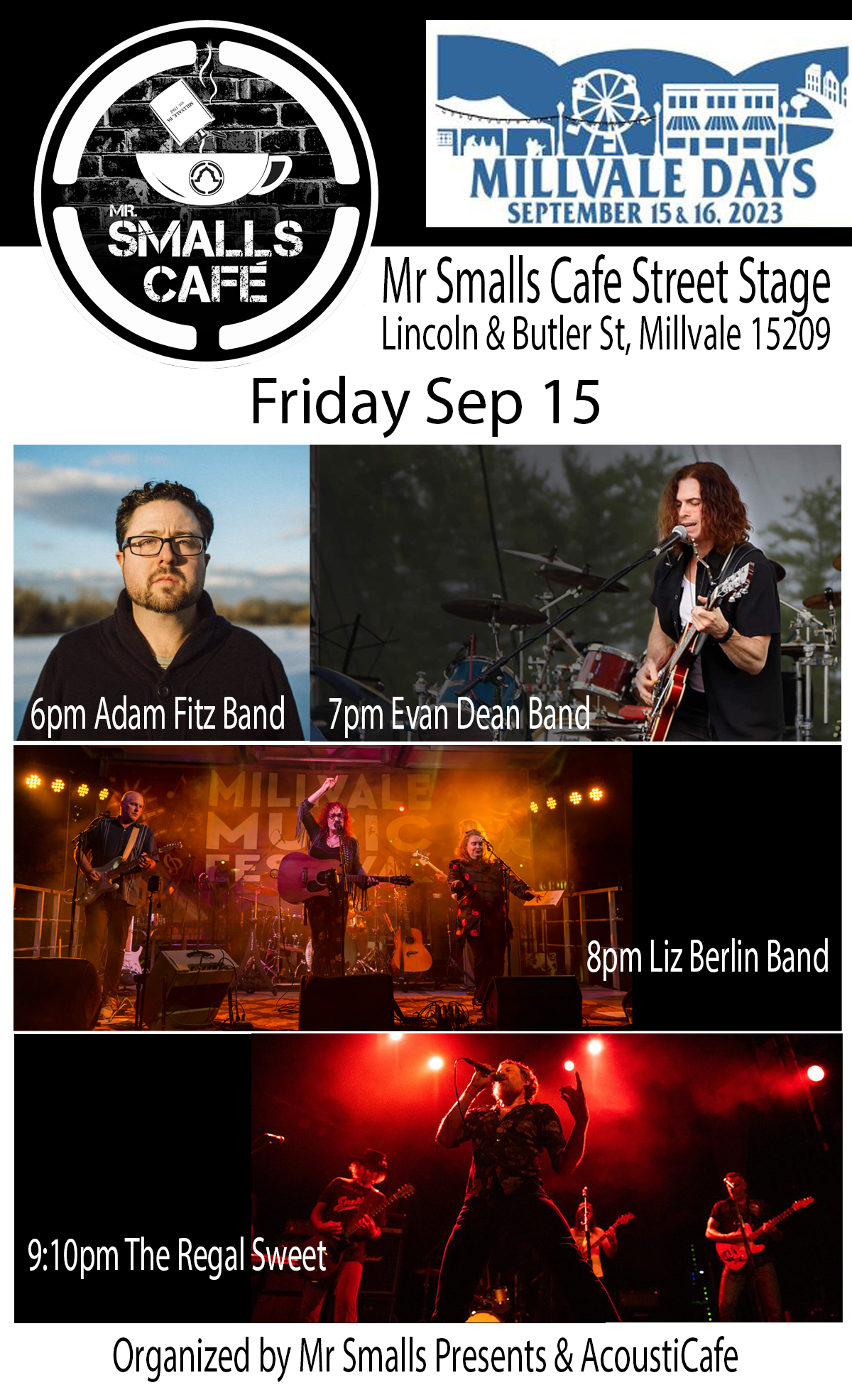 Friday Lineup of Mr Smalls Cafe Street Stage for Millvale Days 2023